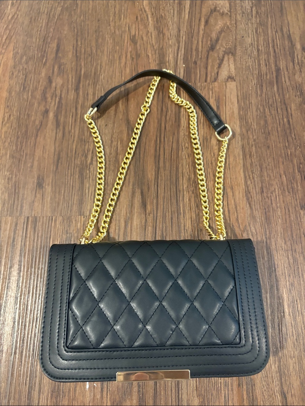 Fashion Nova Black Quilted Shoulder Bag with Gold Chain